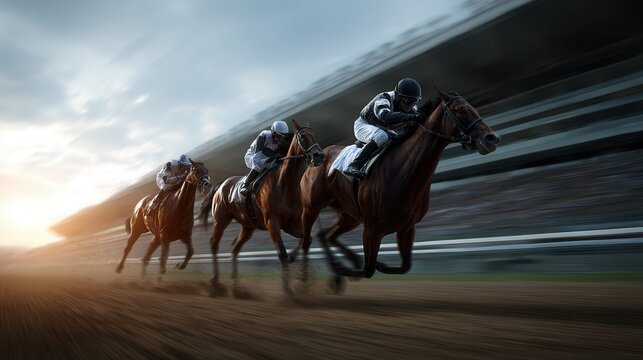 Dynamic horse racing scene with jockeys competing on a dirt track during sunset. The atmosphere is energetic and thrilling, capturing the excitement of the sport.