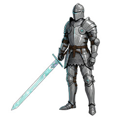 Obraz premium Illustration of a knight in full armor holding a glowing sword on a black background pose