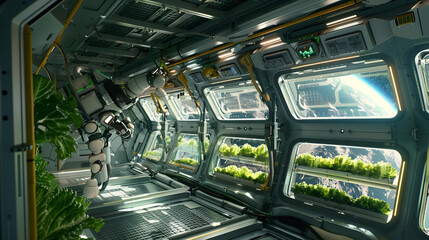 Obraz premium Futuristic space station hydroponic garden cultivating fresh greens with Earth visible through windows