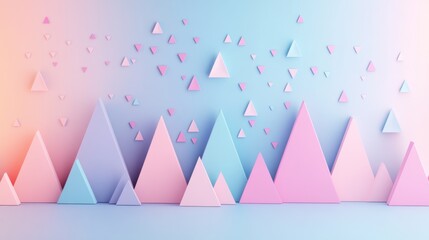 An array of pastel-colored triangular mountain shapes rises in a gradient background, accompanied by small floating triangles for added interest