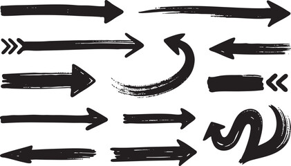 Set of handdrawn arrows indicating different directions and movements, isolated on white background