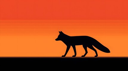 Silhouette of a Fox Walking Against a Vibrant Orange Sunset in a Natural Landscape