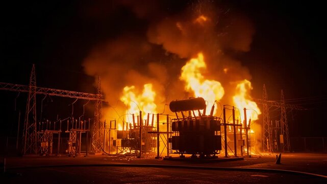 Electrical Transformer Inferno in Cinematic Night Tones with Luminous Smoke Depicting Utility Outage Hazard