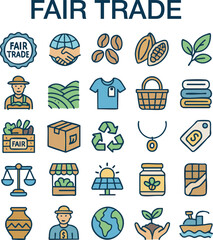 A collection of fair trade and sustainable products icons including farmers, coffee beans, cocoa, plants, eco packaging, recycling, local markets, solar energy, handmade goods, & ethical trade symbol.