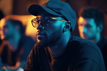 Diverse group of producers brainstorming ideas in a creative workspace during evening hours