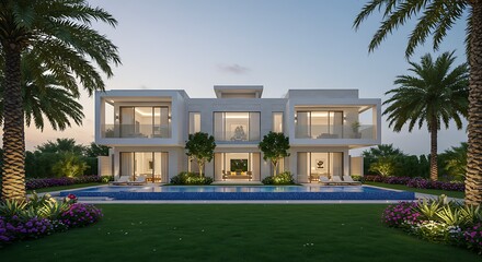 Fototapeta premium Luxury villa with lush landscaping in Dubai showcasing modern elegance