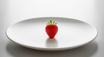 A single strawberry centered on a white plate with a bright background in a studio setting view