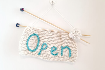Knitted Open Sign with Yarn and Needles for Creative Store Display or DIY Decor