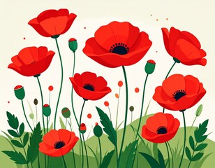 Obraz premium Vibrant red poppy flowers in a stylized meadow scene.