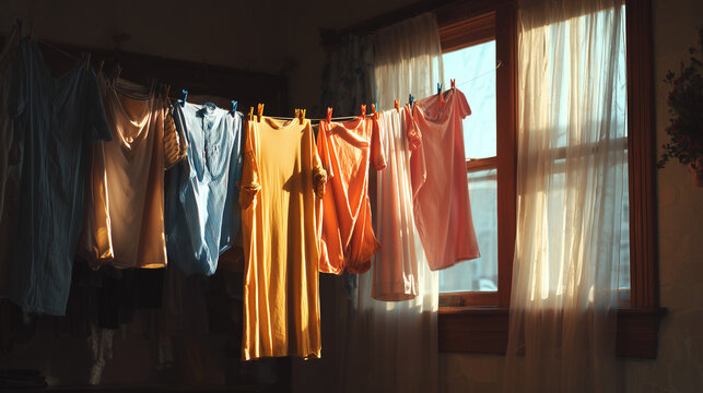 ai clothes drying by a window during afternoon sunlight in a cozy indoor space