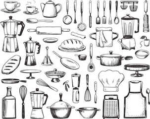 Hand-drawn kitchen sketch, culinary tools illustration, vintage cookware art, black and white kitchen set, cooking utensils drawing