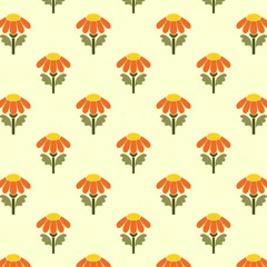 Yellow Orange Flower Seamless Pattern with Green leaves