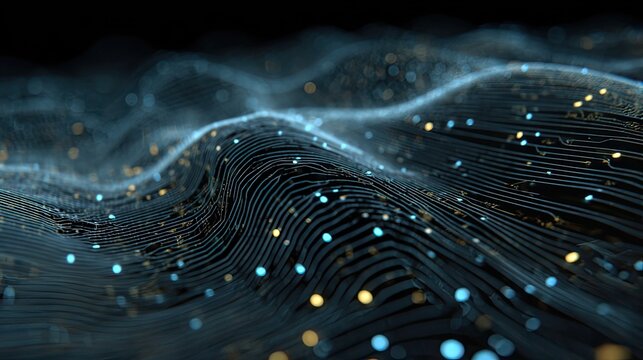 Dynamic abstract data flow visualization with glowing blue and gold nodes, representing complex digital networks and futuristic technology concepts.