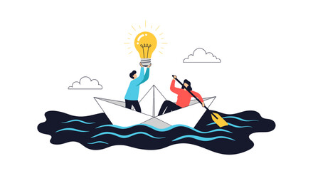 Two people in a paper boat sailing towards a bright idea