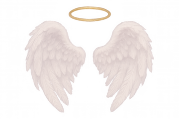 Realistic white feathered angel wings and golden halo floating on a transparent background, perfect for spiritual or religious designs