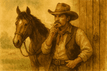 Fototapeta premium Cowboy with Horse Smoking next to Wooden Wall in Rustic Watercolor Painting