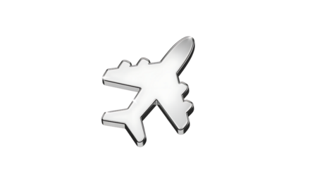 Shiny metal airplane icon isolated on transparent background, a symbol of flight