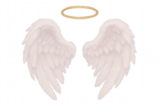 Realistic white feathered angel wings and golden halo floating on a transparent background, perfect for spiritual or religious designs