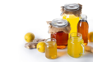 Colorful Kombucha Jars and Bottles isolated on white background