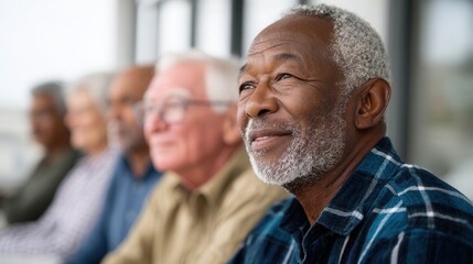 A diverse group of senior individuals sitting together, reflecting and sharing thoughts in a bright, modern setting. The mood is contemplative and warm.