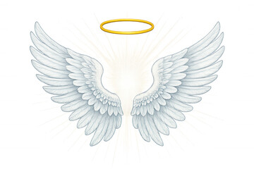 Luminous white angel wings spreading with golden halo glowing against transparent backdrop, symbolizing divine celestial presence