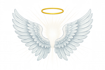 Luminous white angel wings spreading with golden halo glowing against transparent backdrop, symbolizing divine celestial presence