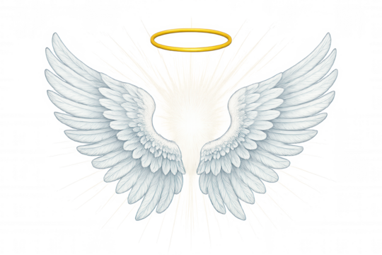 Luminous white angel wings spreading with golden halo glowing against transparent backdrop, symbolizing divine celestial presence