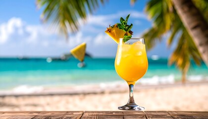 Tropical Yellow Cocktail in Glass with Lemon and Mint Garnish on Beach