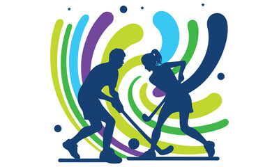 Field Hockey Players Silhouette with Colorful Swirl Background Male and Female Hockey Vector Icons