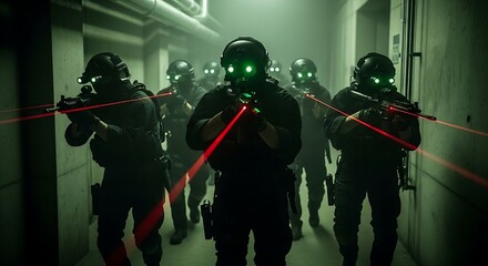 Special Forces Team with Night Vision and Laser Sights, Elite special forces unit advances through a dark corridor an intense and tactical scene in a dark, abandoned building