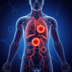 Human Anatomy Medical Illustration Showing Cancerous Tumors in Lungs and Abdomen