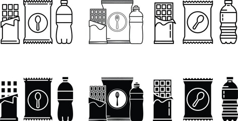 Collection of snack and drink icons in outline and solid black styles
