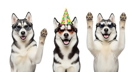 Three Cheerful Huskies: Sunglasses, Party Hat, and Raised Paws on White Background