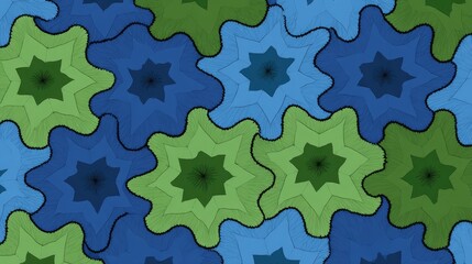 Abstract pattern of interlocking, star-like shapes in shades of blue and green