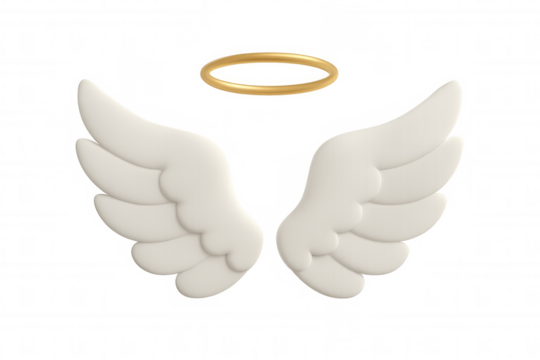 3d rendering of white feathered angel wings and golden halo hovering on a transparent background, perfect for religious or spiritual designs - Powered by Adobe