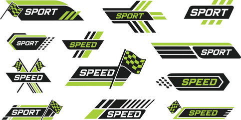 Dynamic racing sport speed emblems with checkered flags and modern design