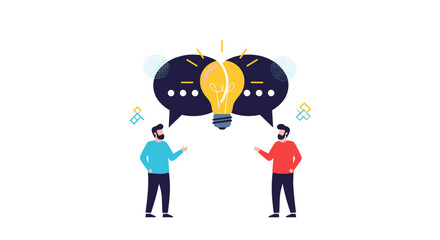 Two people discussing ideas with a bright lightbulb above their heads