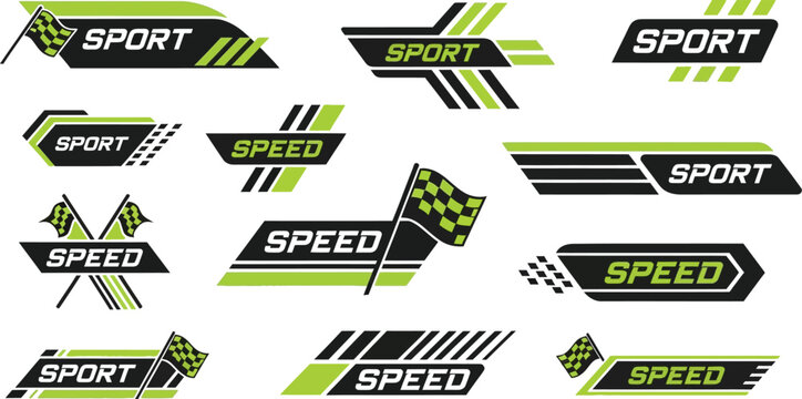 Dynamic racing sport speed emblems with checkered flags and modern design