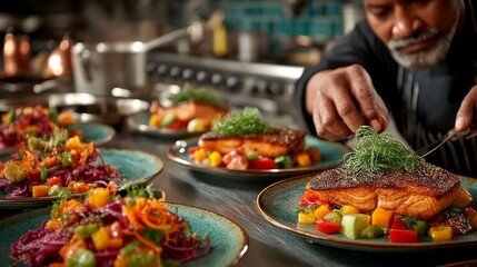 Obraz premium Chef meticulously plates a gourmet salmon dish with vibrant vegetables and fresh herbs, showcasing culinary artistry in a fine dining setting