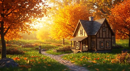 Cozy cabin in autumn forest silhouette