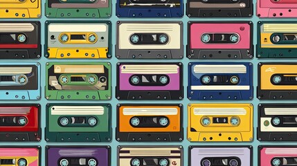 Vibrant retro cassette tape pattern evoking nostalgia for music lovers and vintage enthusiasts seeking a colorful soundtrack to memories