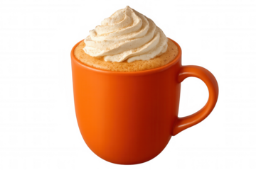 Creamy pumpkin spice latte garnished with fluffy whipped cream, nestled in orange ceramic mug against transparent background