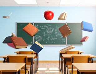 Flying books and an apple floating in an empty school classroom, a concept for knowledge and imagination in education.