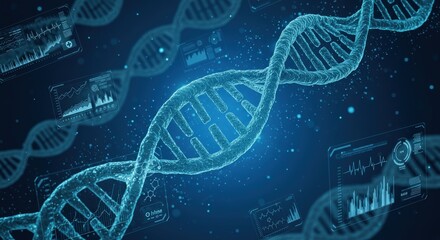 DNA Strand with Futuristic Data Displays Blue Background.