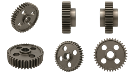 Set of metal gears isolated on transparent background, mechanical cogwheels with holes and teeth, engineering components for machinery and industrial equipment
