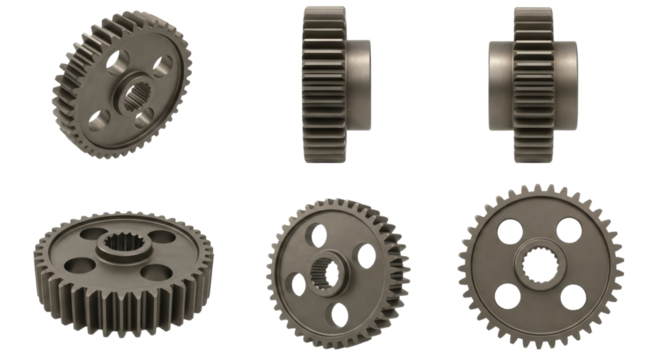 Set of metal gears isolated on transparent background, mechanical cogwheels with holes and teeth, engineering components for machinery and industrial equipment
