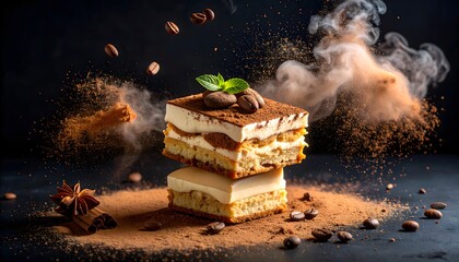 Chocolate Tiramisu Dessert with Cocoa Powder Coffee Beans and Mint Leaves on Dark Background