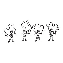 Sketch of little people connecting puzzle pieces, a hand-drawn cartoon illustration about teamwork, collaboration, and business solutions.
