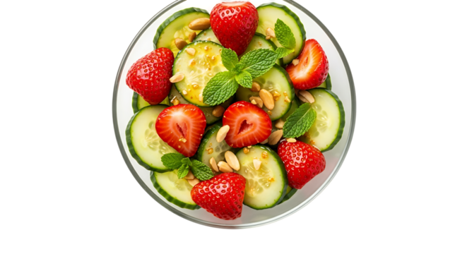 Fresh strawberry and cucumber salad with mint and pine nuts isolated on transparent background