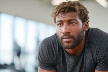 Obraz premium A thoughtful man with a beard in a gym setting, reflecting on his fitness goals. The atmosphere is motivational and energetic, ideal for health-related themes.